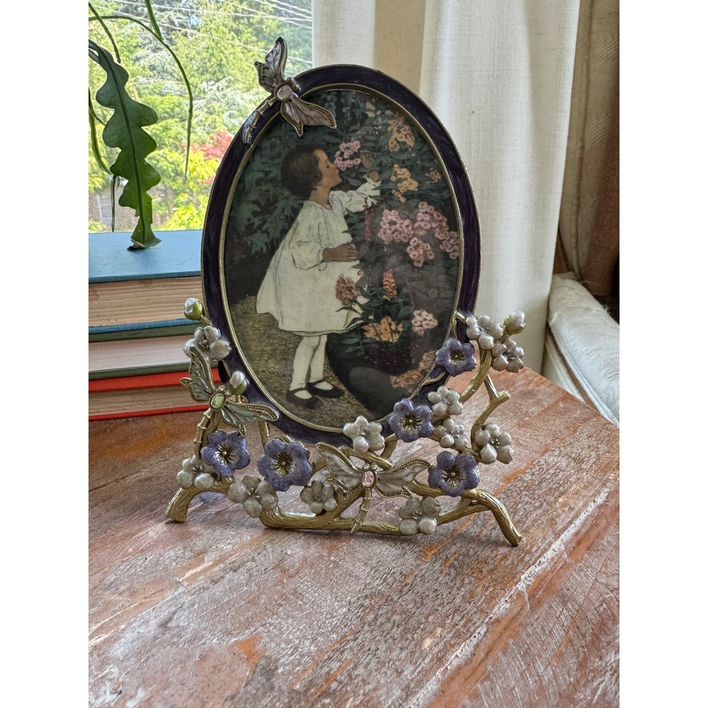Vintage Style Enamel Dragonfly Floral Oval Picture Frame Gold Tone Purple 7.5"